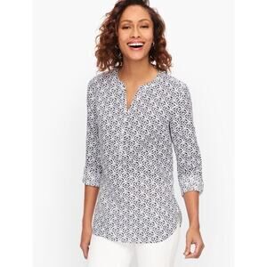 Talbots Linen Camp Shirt Sz MP Blue White Tile Print Roll-Tab Sleeves Popover